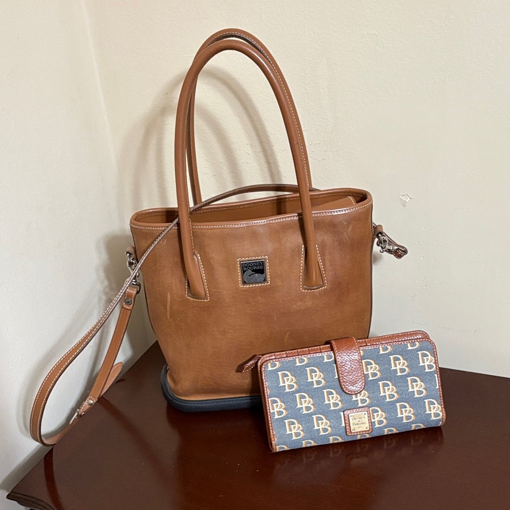 Dooney & Bourke Tan Leather Tote with Monogram Wallet,dust cover.